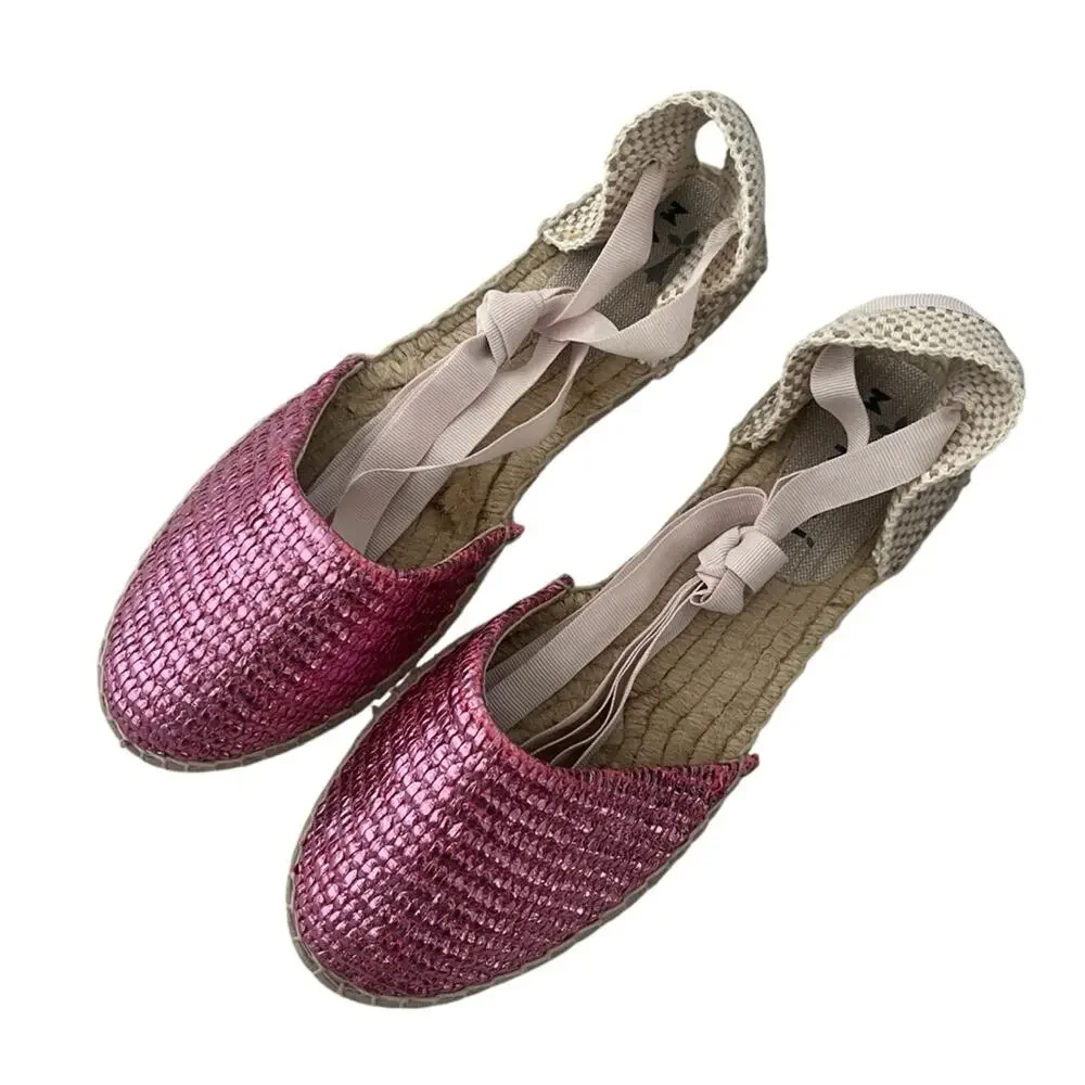 Manebi Valenciana espadrille Mettalic pink Raffia canvas Sz 39 boho chic summer